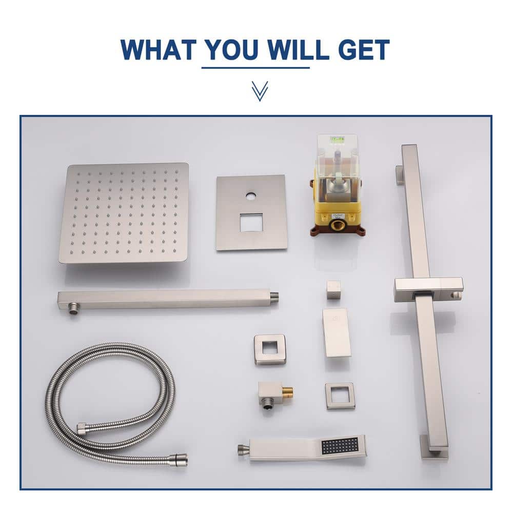 Brushed Nickel Wall-Mounted Square Rain Shower System with Handheld Spray