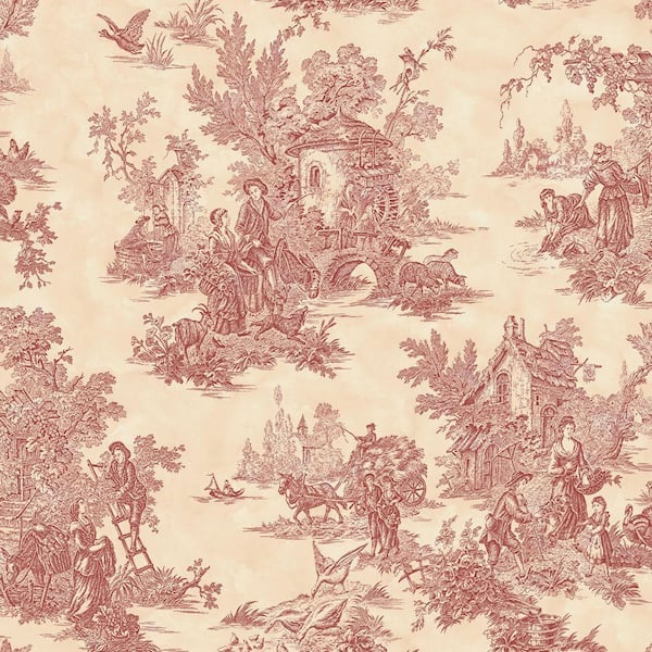 The Wallpaper Company 56 sq. ft. Burgundy and Cream Large Scale Classic Toile Wallpaper