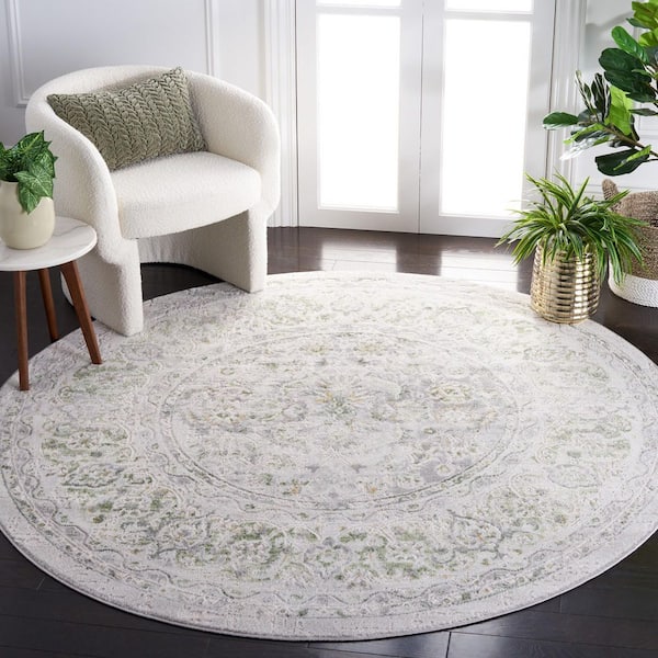 Palma 3 ft. x 3 ft. Beige/Green Distressed Border Round Area Rug