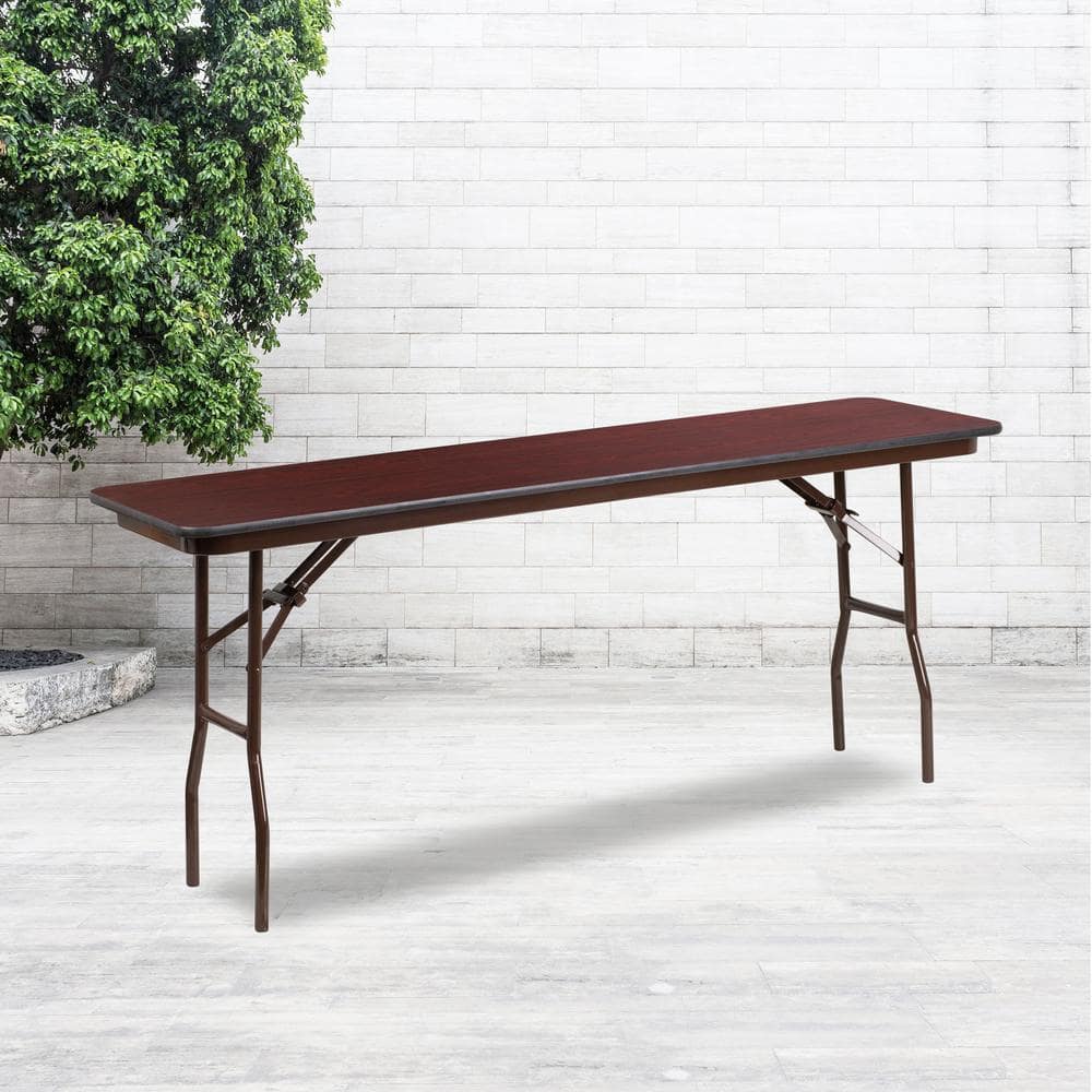 Brown Frankie 6 ft. Mahogany Melamine Laminate Folding Training and Event Table, Rectangular Folding Training Table