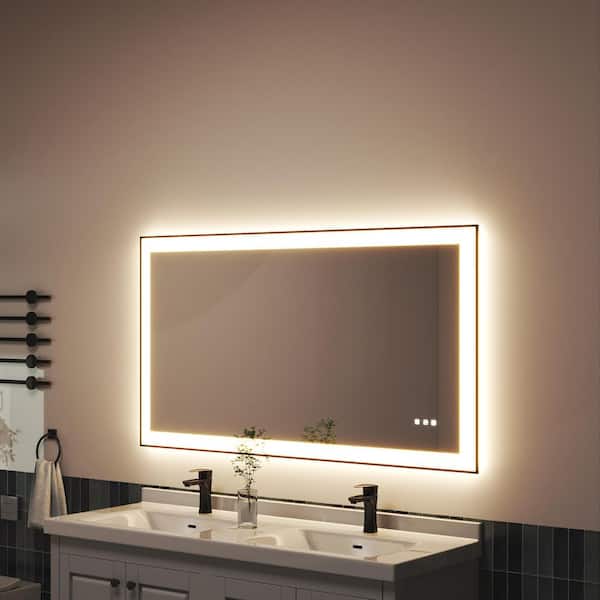 55 in. W x 30 in. H Black Rectangular Framed LED Anti-Fog Wall Bathroom Vanity Mirror with Backlit and Front Light
