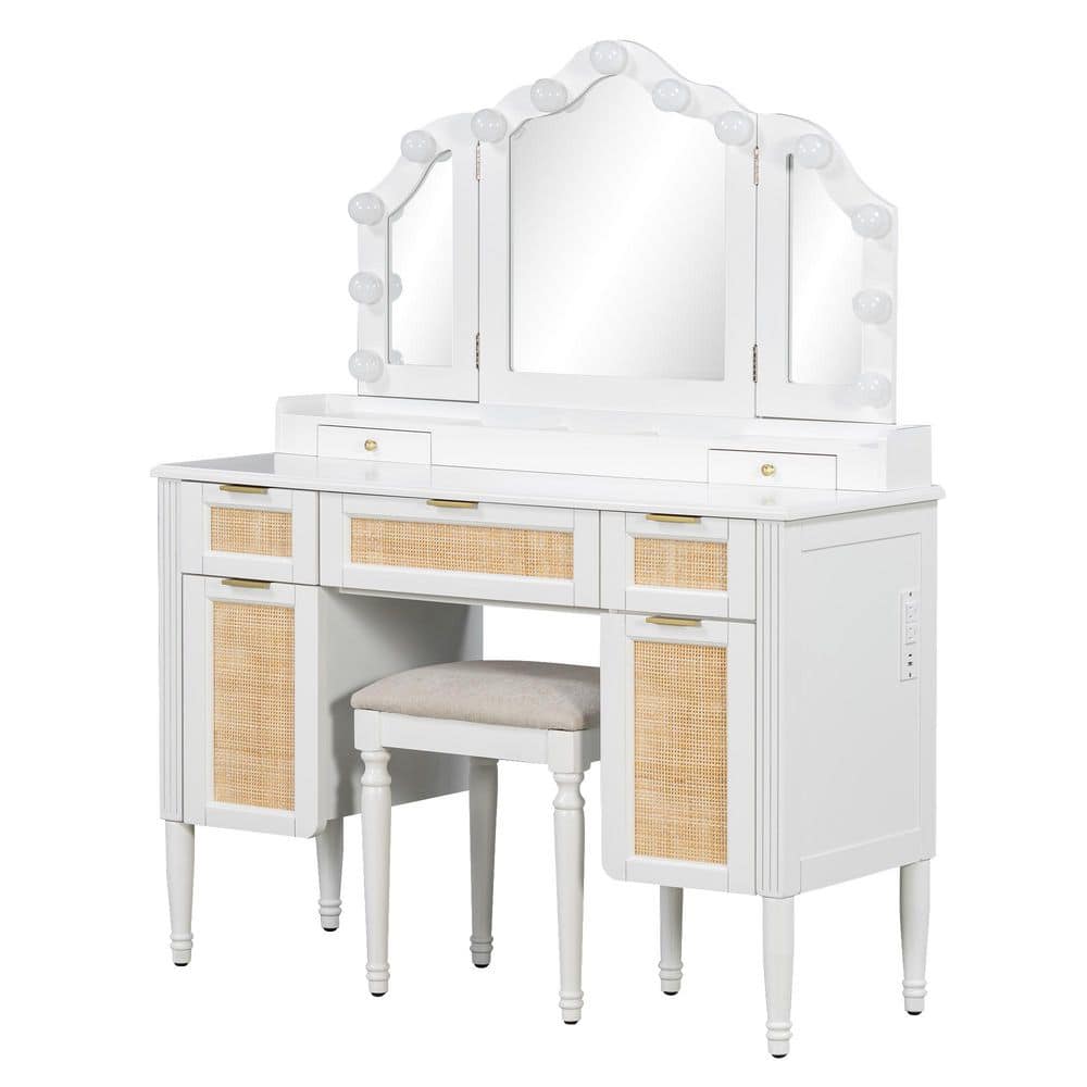 2-Piece White Makeup Vanity Set with Cushioned Stool, Tri-Fold Light Mirror, 5-Drawers, 2 Cabinets, Charging Station - thumbnail 4