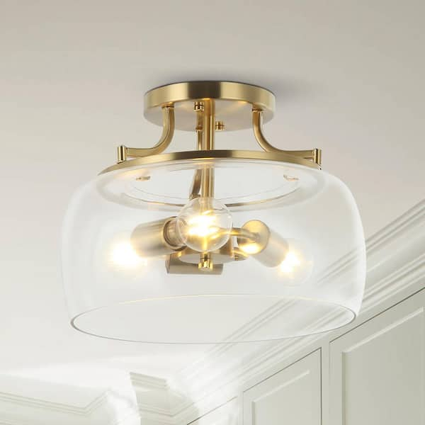 Parrot Uncle 13 in. 3-Light Brass Gold Semi-Flush Mount Ceiling