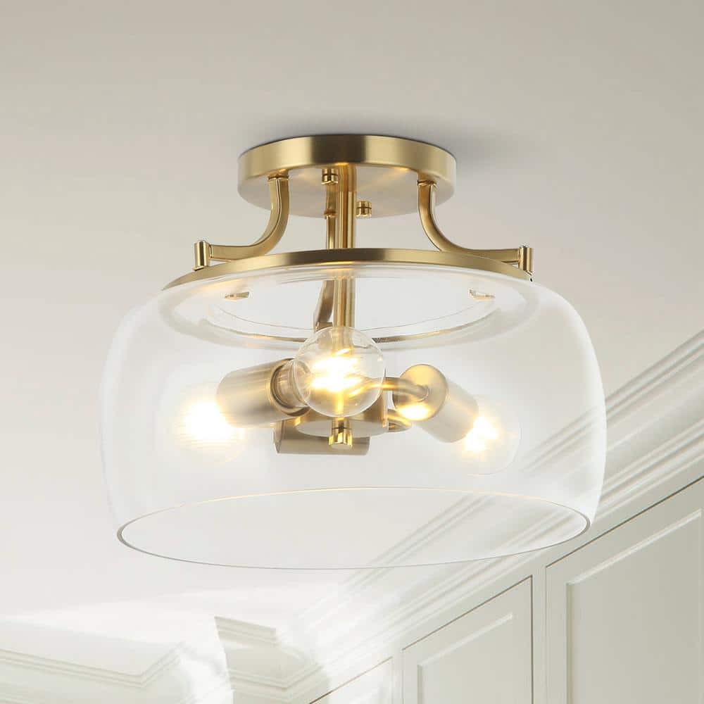 Parrot Uncle 13 in. 3-Light Brass Gold Semi-Flush Mount Ceiling