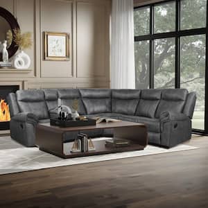 Home Theater 99.6 in. Flared Arm Polyester Reclining Sectional Sofa in Gray with Cup Holders and Charging Ports