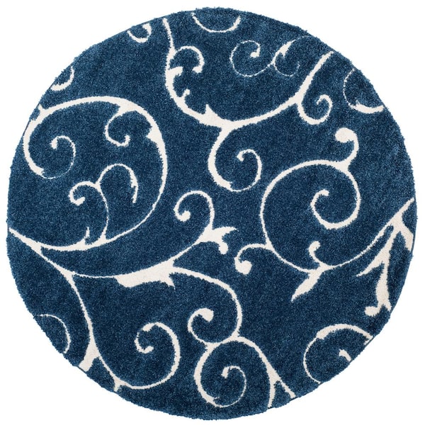 SAFAVIEH Florida Shag Dark Blue/Cream 5 ft. x 5 ft. Round Floral Area Rug