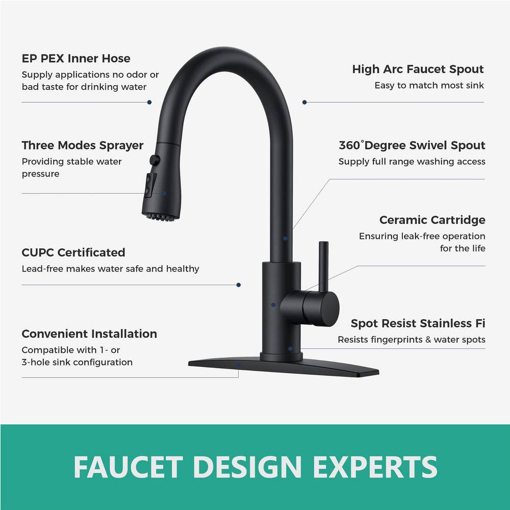 Matte Black Single Handle Pull Down Kitchen Faucet with Soap Dispenser