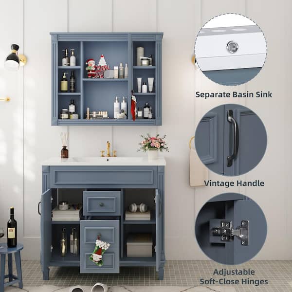 FAMYYT 36 in. Freestanding Solid Wood Blue Bath Vanity with