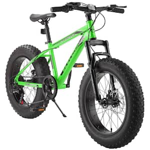 20 in. Green Fat Tire Bike Adult/Youth Full Shimano 7-Speed Mountain Bike, Dual Disc Brake, High-Carbon Steel Frame