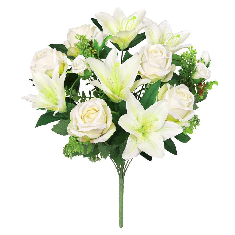 LIVING LUXURY 18 in. Cream White Artificial Mixed Rose Stargazer