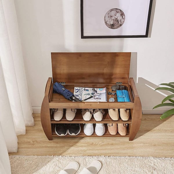 Shoe Storage Bench With Cushion 2-Tier Wooden Shoe Rack Bench for Entryway, Hallway, Bedroom, Living Room