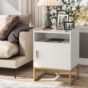 1-Drawer White and Gold Nightstand with Storage Shelf, 26.77" Tall Side Table Bedside Cabinets for Bedroom