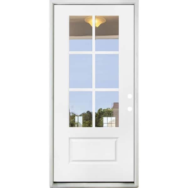 Steves & Sons 36 in. x 80 in. Legacy 6 Lite 3/4 Lite Clear Glass Left Hand Inswing White Primed Fiberglass Prehung Front Door
