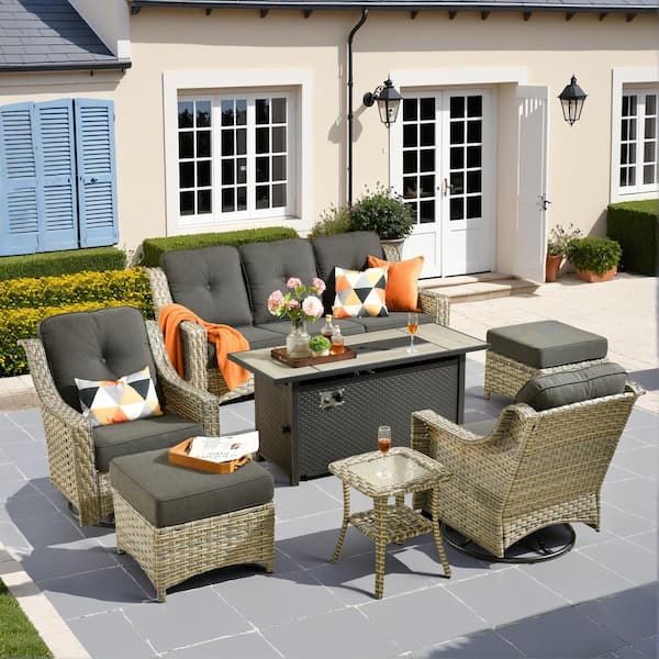 Eureka Gray 7-Piece Wicker Patio Conversation Sofa Swivel Chairs Set with Metal Fire Pit and Black Cushions