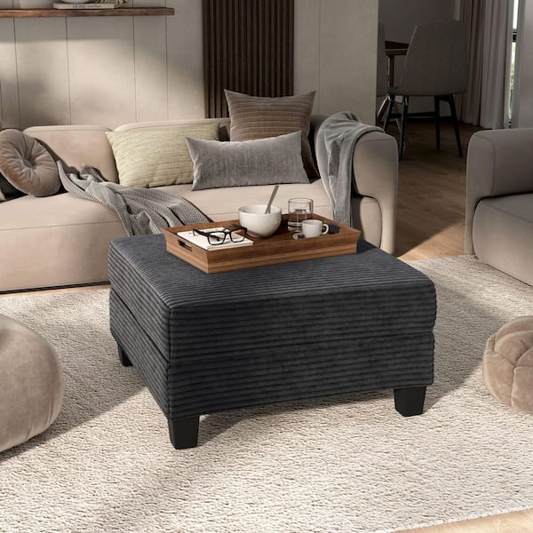 Furniture of America Kasin Dark Gray Chenille Square Storage Ottoman Medium Size Ottoman
