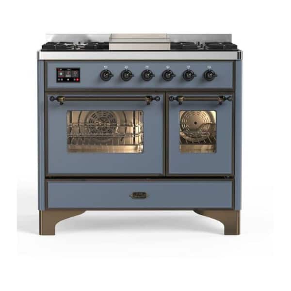 Majestic II 40 in. Double Oven Dual Fuel Range with 6 Sealed Burners, Glass Door, Burnished Trim in Blue Grey