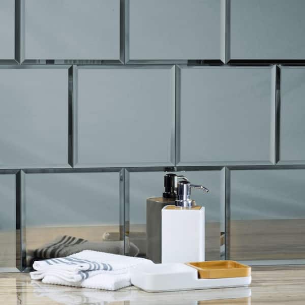 Reflection Square 8 in. x 8 in. Polished Graphite Blue Beveled Glass Mirror Subway Wall Tile (8.8 sq. ft./Case)