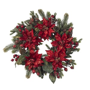 24 in. Artificial Wreath with Poinsettias and Berries