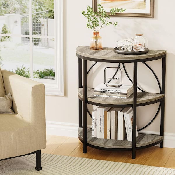 BYBLIGHT Kerlin 23.6 in. Industrial Gray Half Round Wood Sofa End Table with Storage, 3-Tier Side Table Nightstand w/ Metal Leg