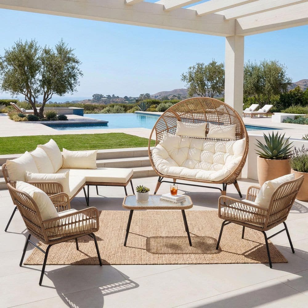 6-Piece Boho Wicker Outdoor Bistro Set with Double Egg Chair, L-Shaped Chaise, Table and Beige Cushions