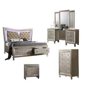 Venetian 4-Piece Champagne Color Wood Eastern King Bedroom Set With Vanity And Chest