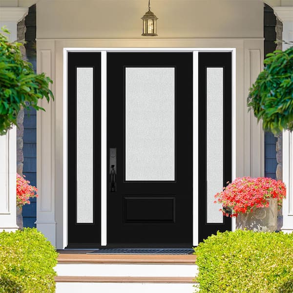 Legacy 64 in. x 80 in. 3/4 Lite Rain Glass RHIS Black Finish Fiberglass Prehung Front Door with dB 12 in. SL