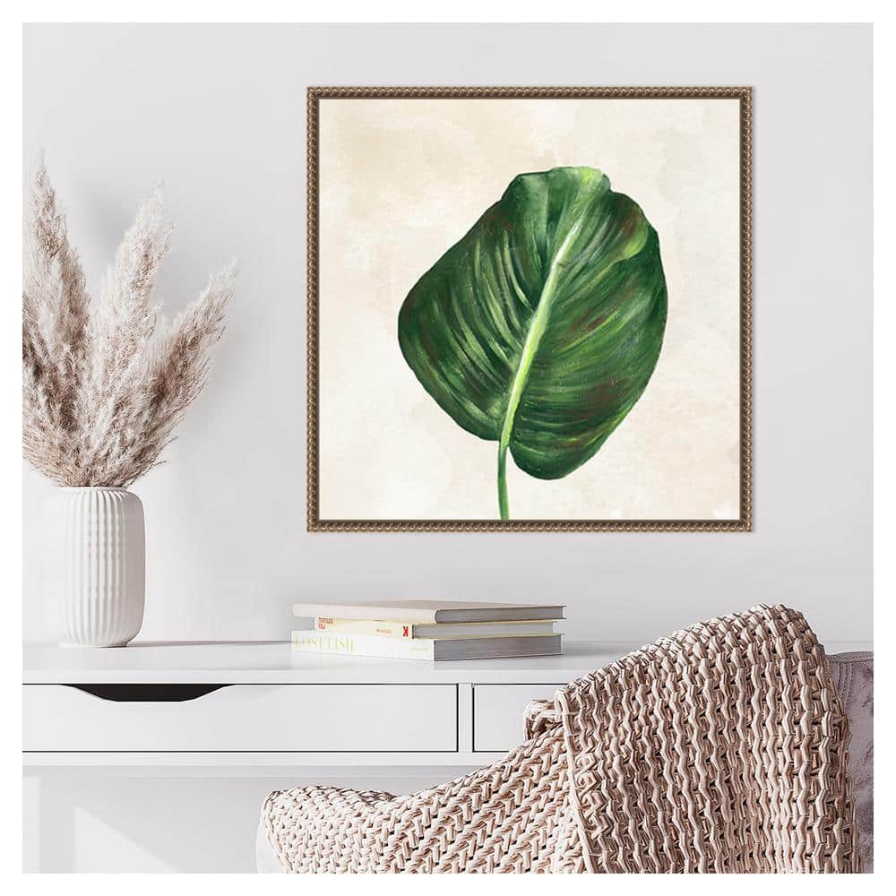 Tropical Leaves I Green Leaf Canvas Wall Art with Bronze Frame