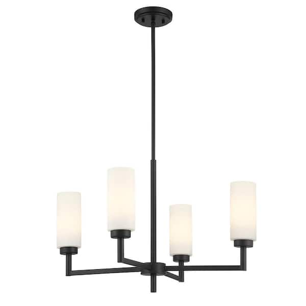 TUXEDO PARK LIGHTING 26 in. W x 17 in. H 4-Light Matte Black Contemporary Chandelier with White Opal Glass Shades
