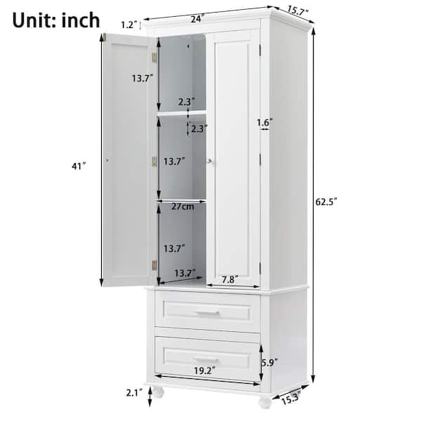 24 in. W x 15.3 in. D x 62.5 in. H White Linen Cabinet with 2