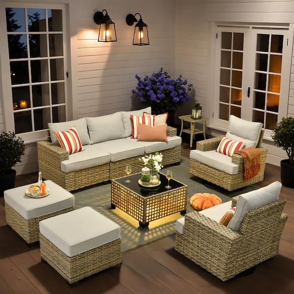 Tiberny Gray 9-Piece Wicker Patio Conversation Seating Set with Gray Cushions and Swivel Chairs