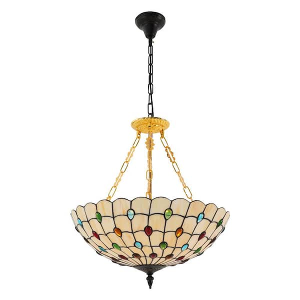 OUKANING 20.5 in. 5-Light Retro Stained Glass Shade Semi-Flush