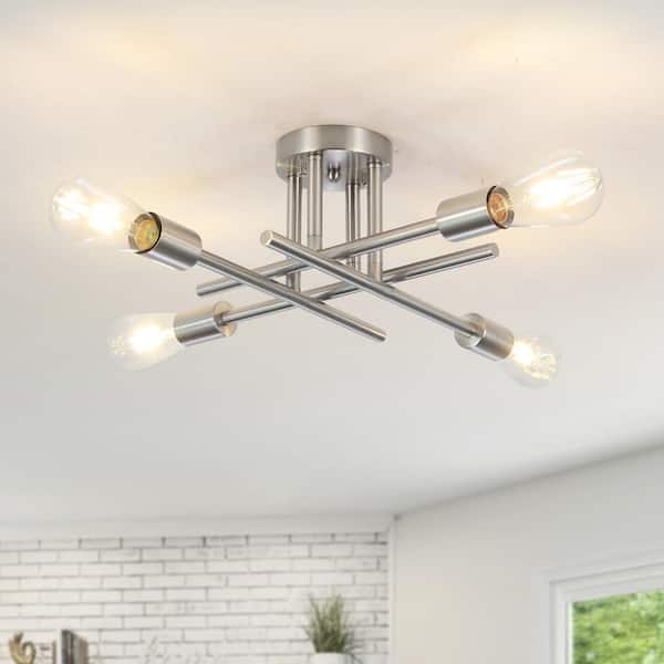 LWYTJO 18.5 in. 4-Light Nickel Dimmable Sputnik Linear Chandelier Semi Flush Mount Chandelier for Living Room Dining Room Foyer