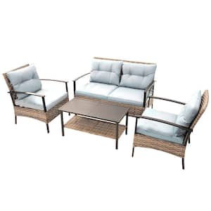 4-Piece Wicker Patio Furniture Set Rattan Outdoor Sofa Set, Loveseat and 2 Single Chair with Beige Cushion, Coffee Table