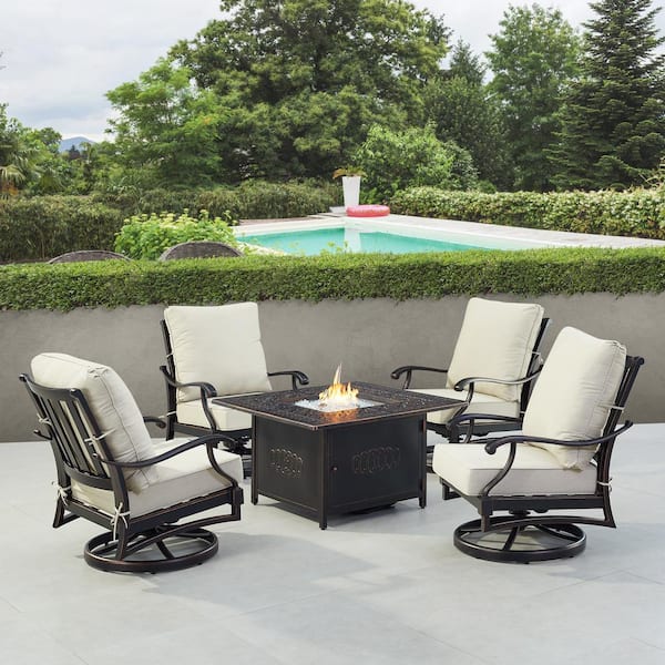 Oakland Living Black 5-Piece Aluminum Patio Fire Table Set with Light Grey Cushions
