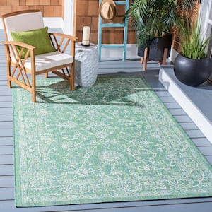 Courtyard Green/Ivory 2 ft. x 4 ft. Border Floral Scroll Indoor/Outdoor Area Rug