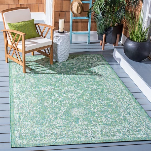 Courtyard Green/Ivory 4 ft. x 4 ft. Border Floral Scroll Indoor/Outdoor Square Area Rug