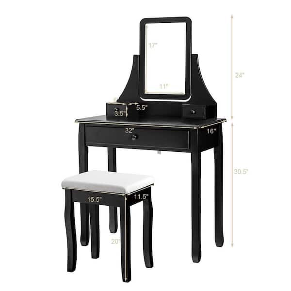 Gymax Vanity Dressing Table Set Mirror Desk Furniture Stool with Mirror and 3-Drawer Black
