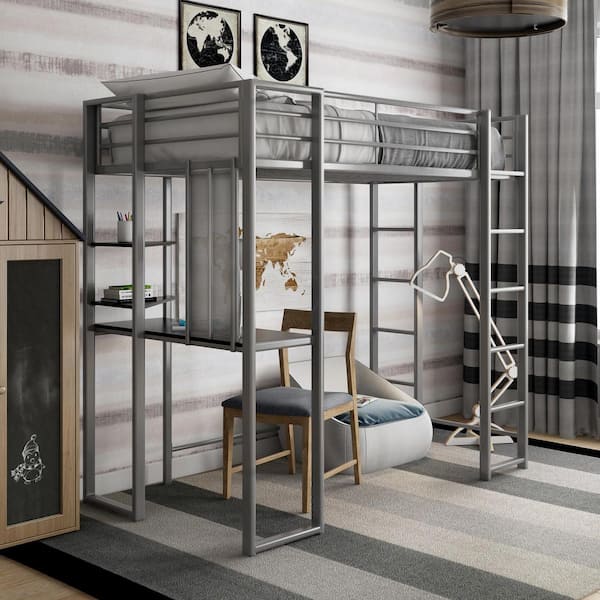 Alana Silver Metal Twin Loft Bed with Desk