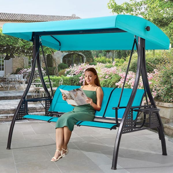 Zeus & Ruta 3 Seat Metal Patio Swing with Textilene Backrest, Outdoor Swing with 2 Cup Holders and Adjustable Canopy, Lake Blue