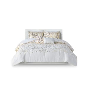 5-Piece Ivory Gold Metallic Animal Printed Microfiber Queen Size Comforter Set with 2 Shams and 2 Decorative Pillows