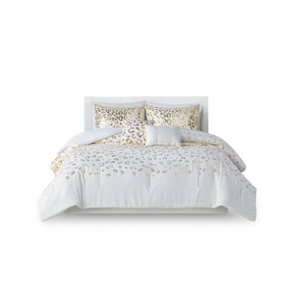 Afoxsos 5-Piece Ivory Gold Metallic Animal Printed Microfiber Queen Size Comforter Set with 2 Shams and 2 Decorative Pillows