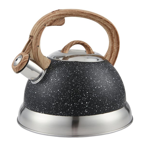 9 Cups Opaque Black with Speckle Stainless Steel Whistling Tea Kettle Teapot with Ergonomic Wood Rubber Touching Handle