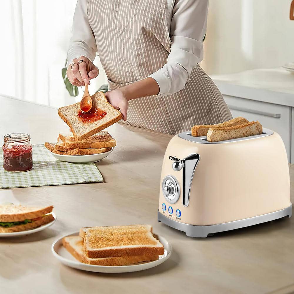 Beige 2-Slice Wide Slot Toaster with Crumb Tray