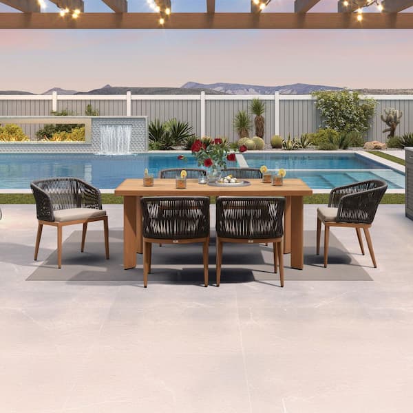 7-Piece Aluminum Wicker Dining Table and Armchairs Patio Outdoor Dining Set Teak Furniture Set with Cushions, Grey
