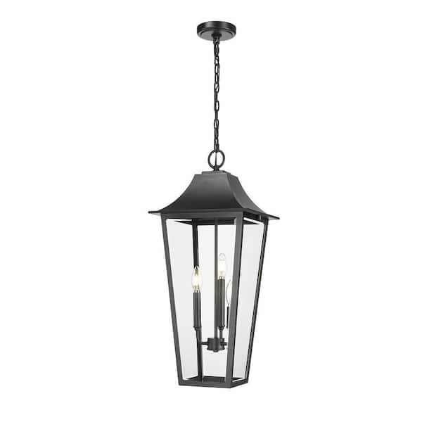 Gannon 27.5 in. 3-light Black Dimmable Outdoor Pendant-Light with Clear Beveled Glass with no bulbs included