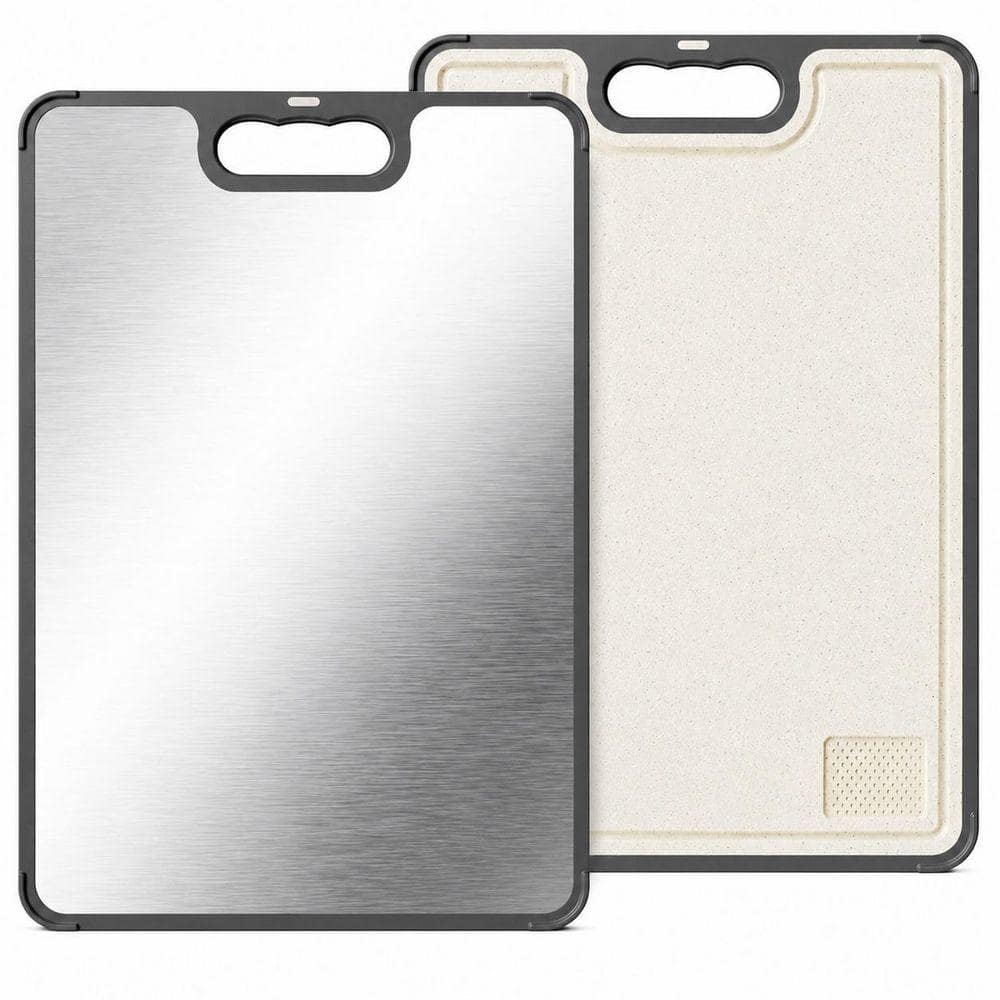 14.5 in. x 10 in. Gray Double-Sided Stainless Steel and Wheat Straw Cutting Board with Juice Groove and Non-Slip Design