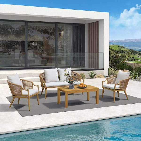 PURPLE LEAF 4-Piece Aluminum All-Weather Wicker Patio Conversation Set with Thick Sofa Cushions, Teak