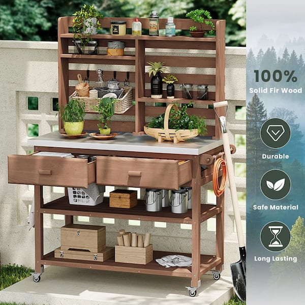Unbranded - 47.5 in. W x 64.9 in. H Brown Potting Bench with Stainless Steel Top, Lockable Wheels and Drawers (52 in. Pack Length)
