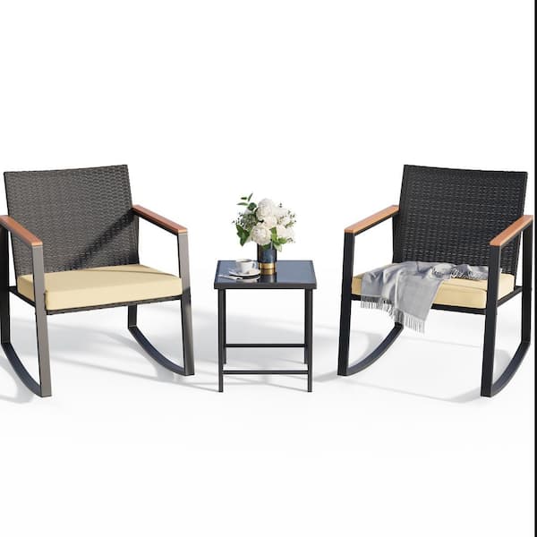 3-Piece Outdoor Patio Furniture Set, Beige Rattan Rocking Chairs with Heat-Resistant Armrests and Cushions, for Garden