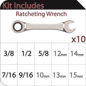 Ratcheting Combination Wrench Set, SAE/MM (10-Piece)